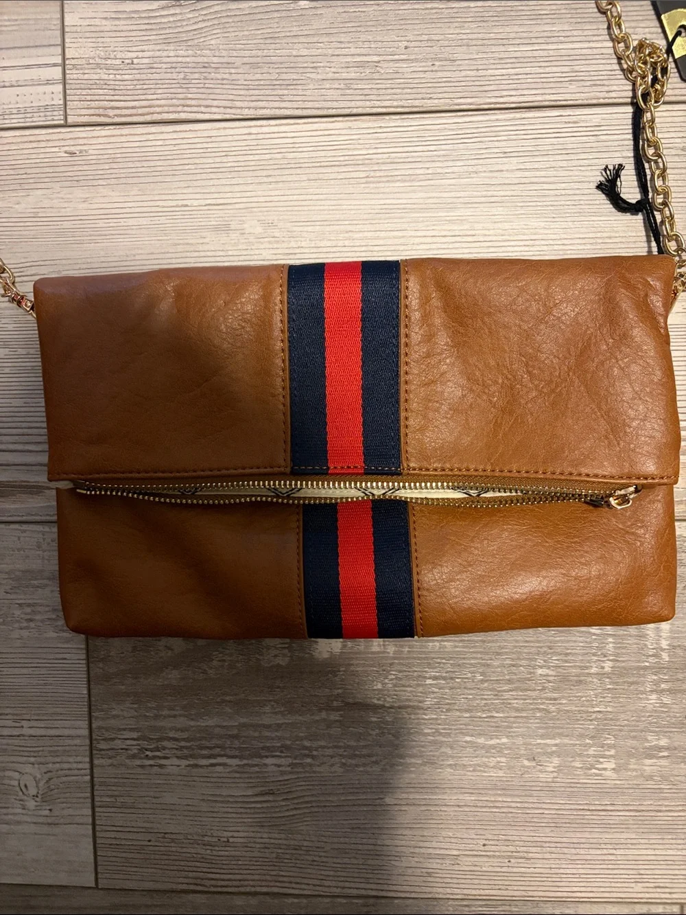 Moda Luxe Jules Clutch Tan with Red & Navy Center Stripe NWT